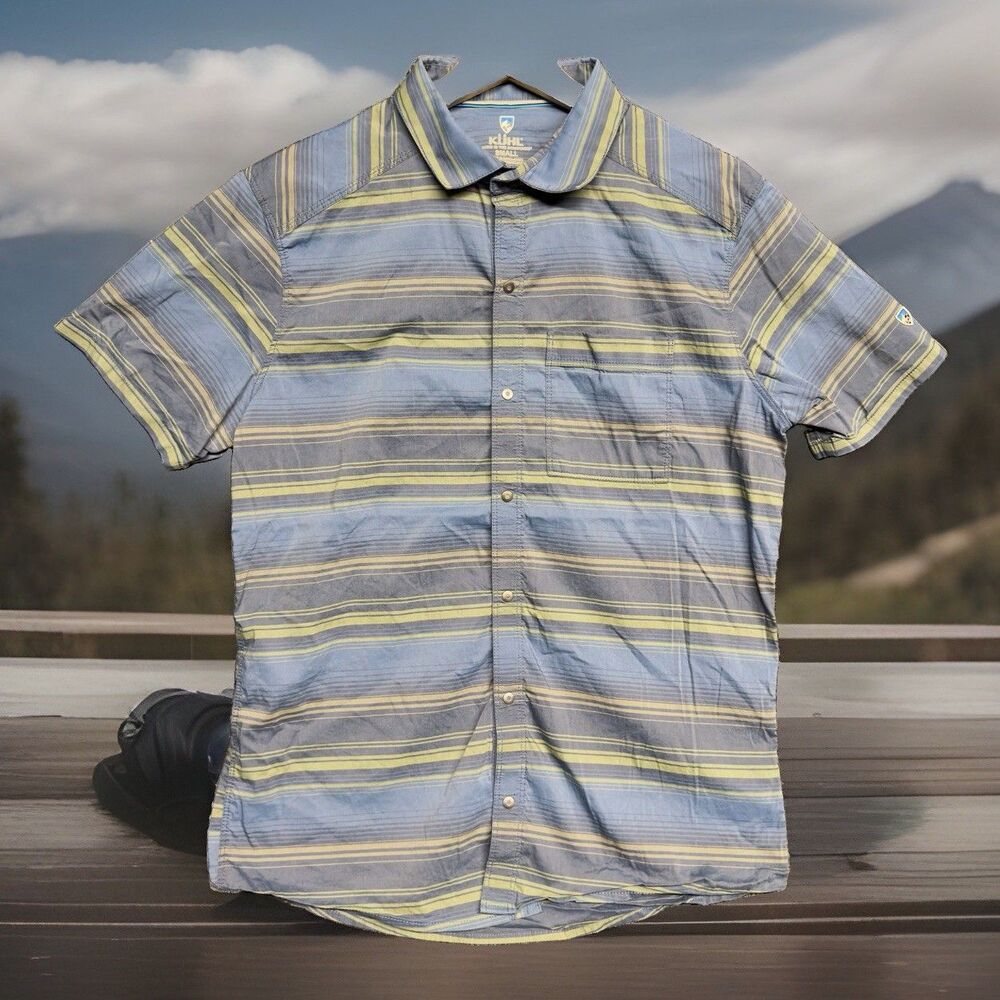 KUHL Intriguer Shirt Mens Small Blue Gray Striped SS Snap Front Hiking Casual